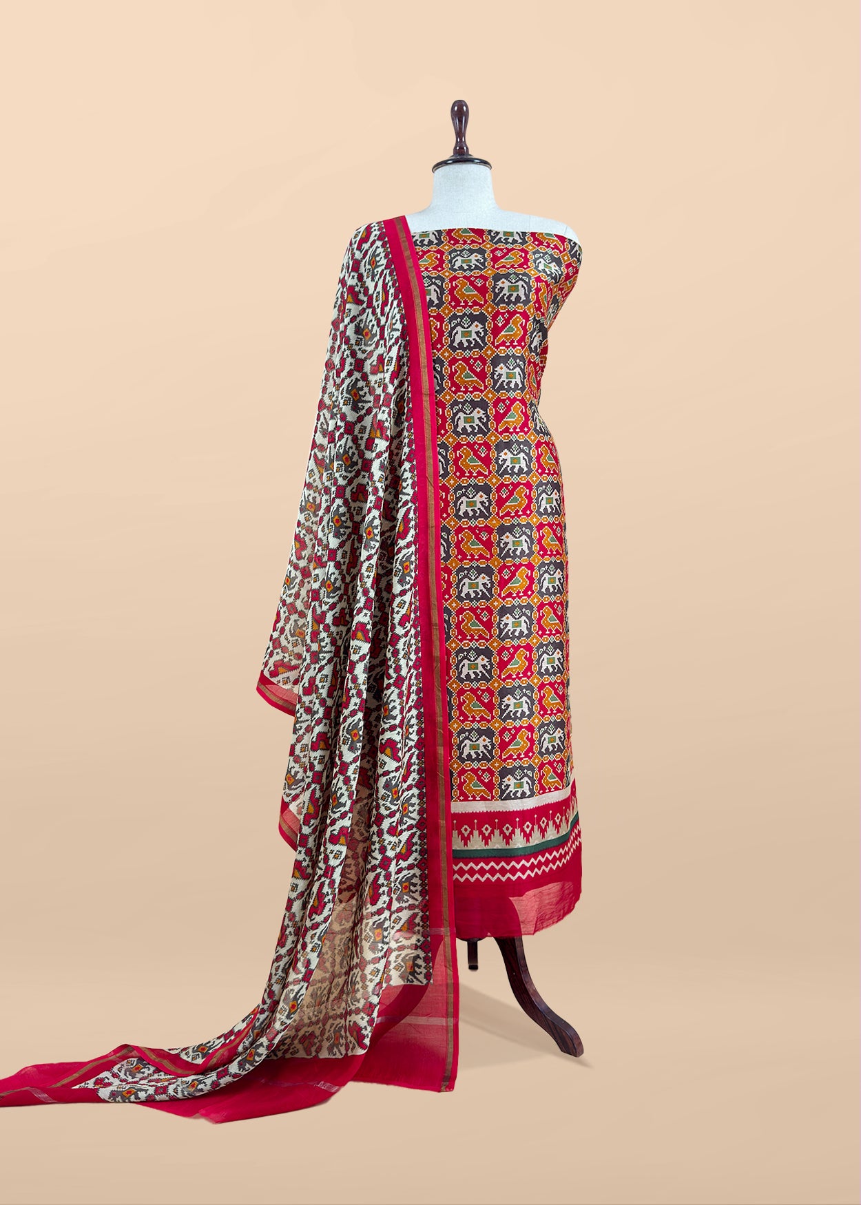 Red Patola Maheshwari Silk Suit Set