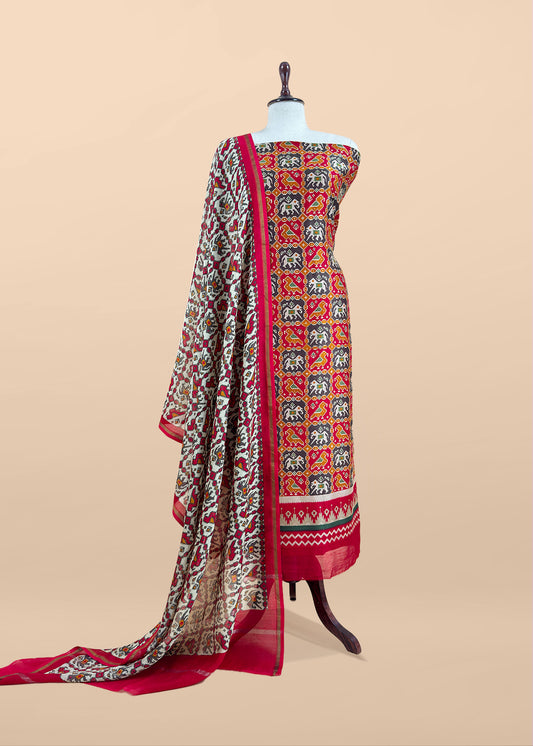 Red Patola Maheshwari Silk Suit Set