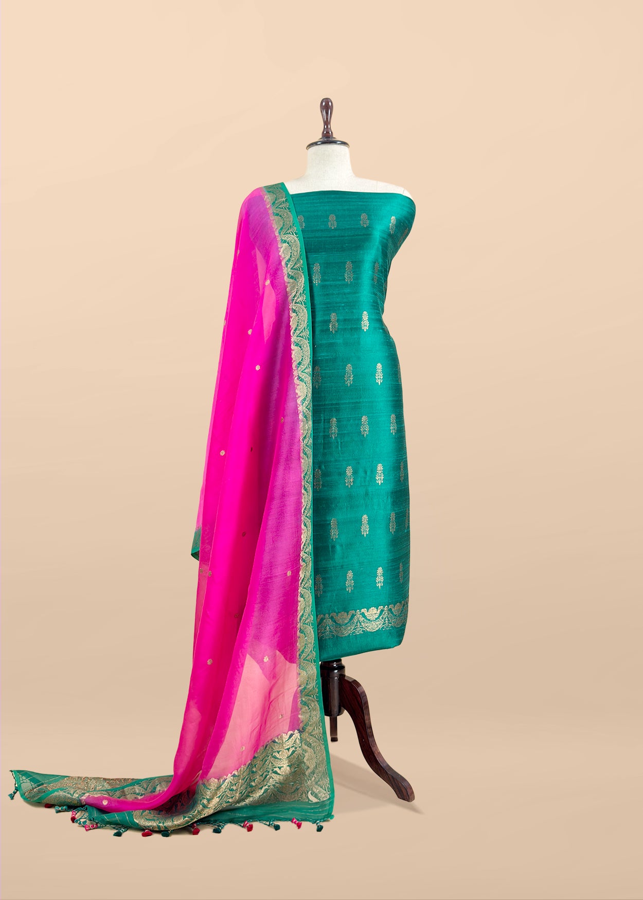 Pine Green And Pink Handloom Raw Silk Suit With Kora Silk Dupatta