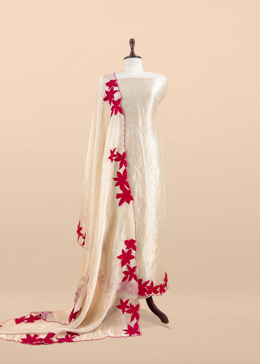 Beige and Red Pure Tissue Silk Suit With Beautiful Floral Applique Work