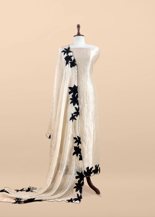 Beige With Black Pure Tissue Silk Suit With Beautiful Floral Applique Work