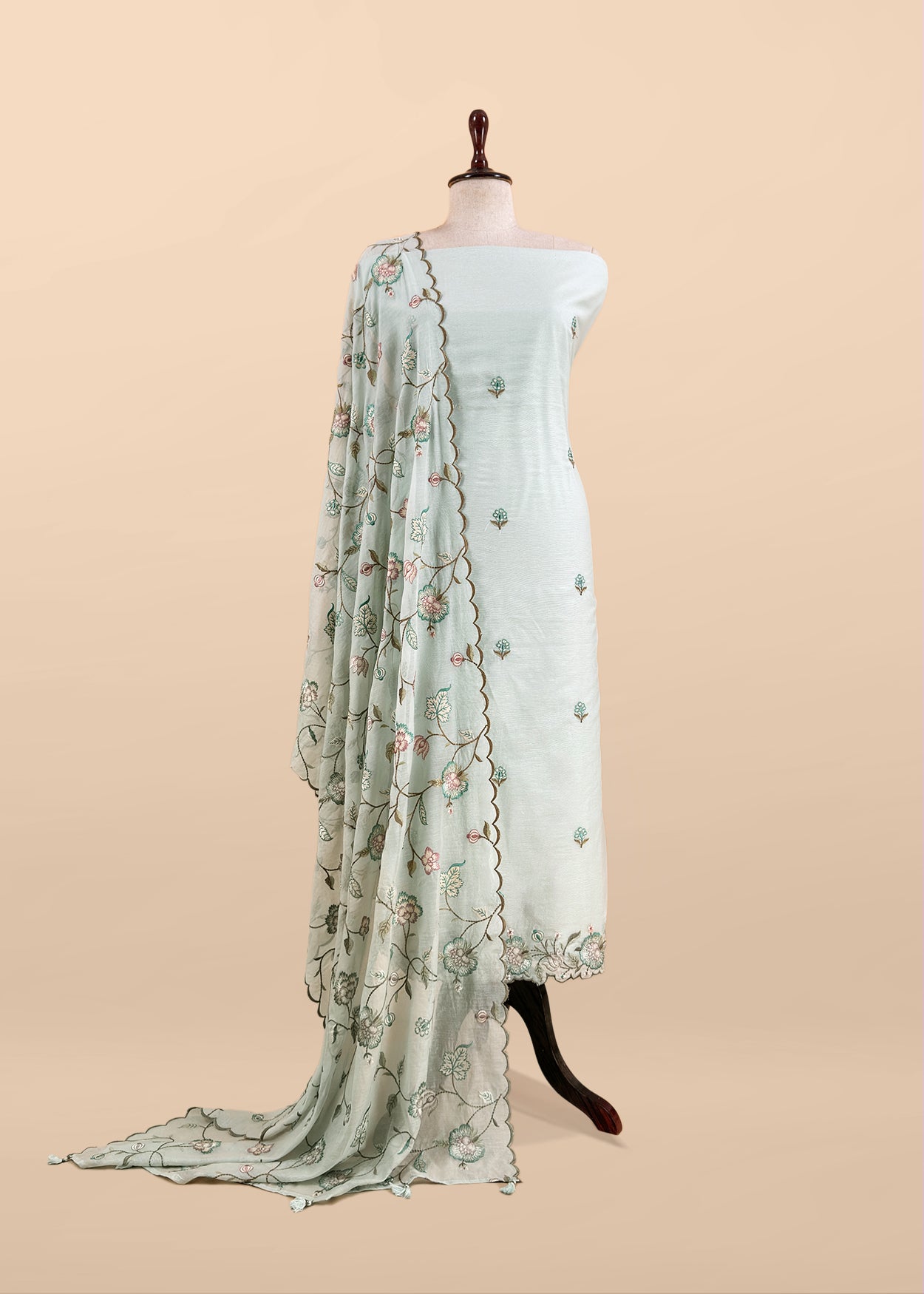 Sky Blue Handloom Mulmul Suit With Floral Embroidery Dupatta