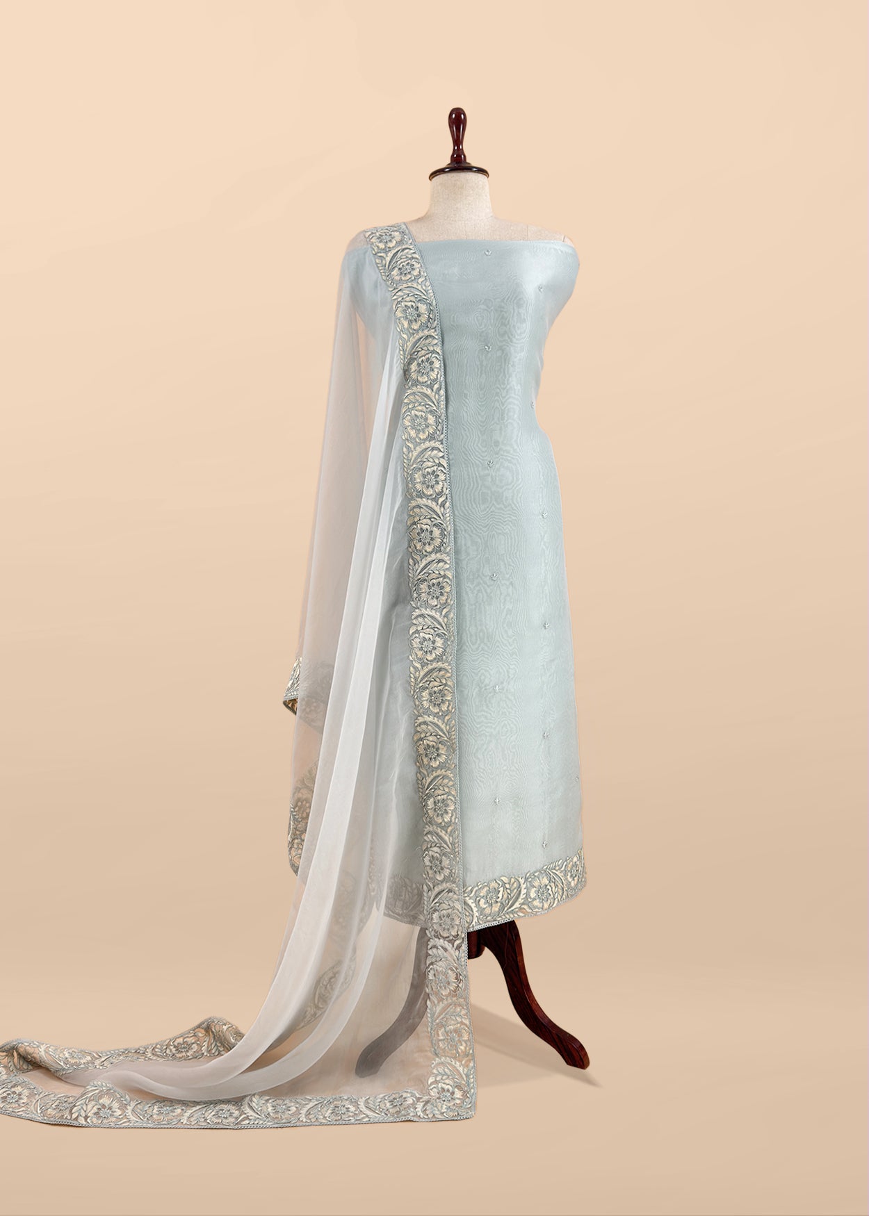 Sky Blue Handloom Kora Silk Suit With French Threat Embroidery