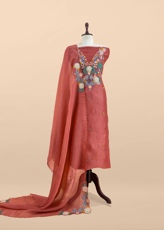Garden Of Dreams Luxe Rust Orange Handloom Kora Silk Suit Fabric With Appliqué Work And French Thread Embroidery