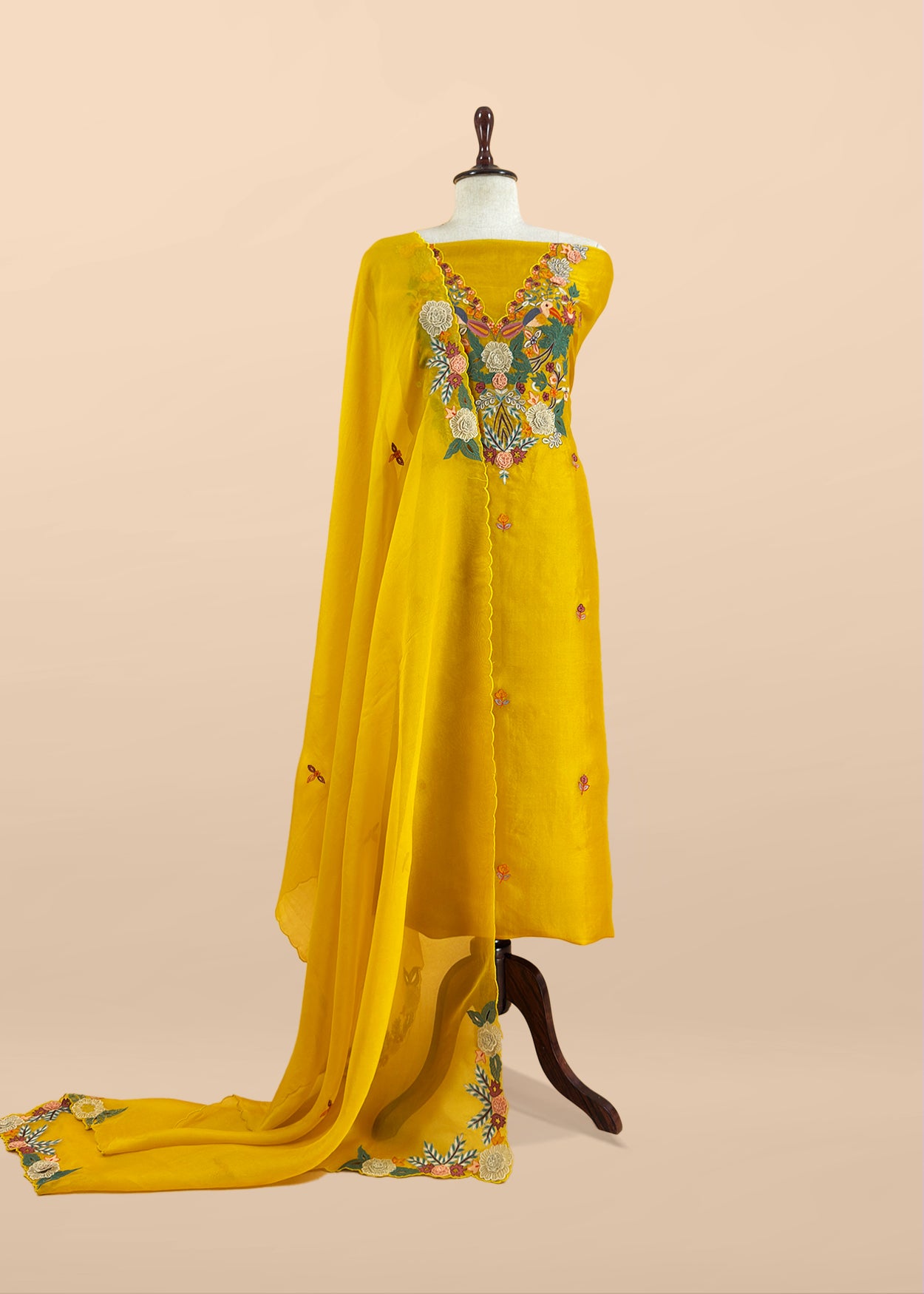 Garden Of Dreams Luxe Yellow Handloom Kora Silk Suit Fabric With Appliqué Work And French Thread Embroidery