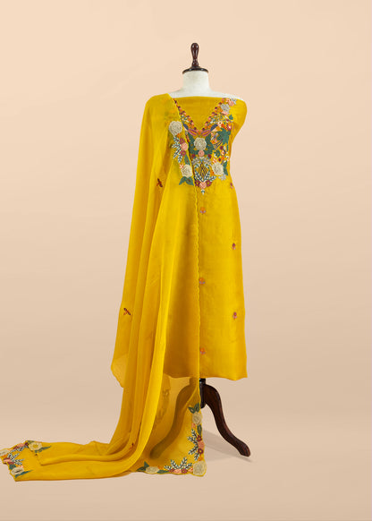 Garden Of Dreams Luxe Yellow Handloom Kora Silk Suit Fabric With Appliqué Work And French Thread Embroidery