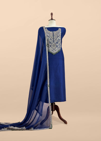 Royal Blue Luxe Handloom Dupion Silk Kurta and Kora Silk Dupatta With Handwork