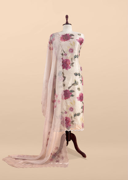 Off White Crushed Tissue Silk Unstitched Suit