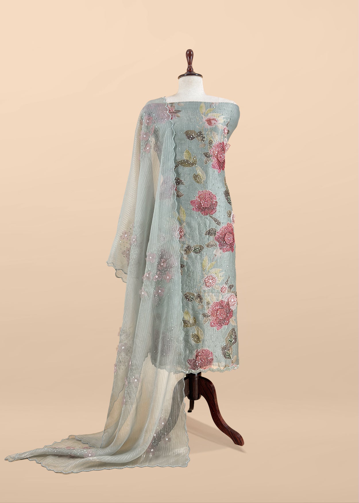 Teal Blue Crushed Tissue Silk Unstitched Suit