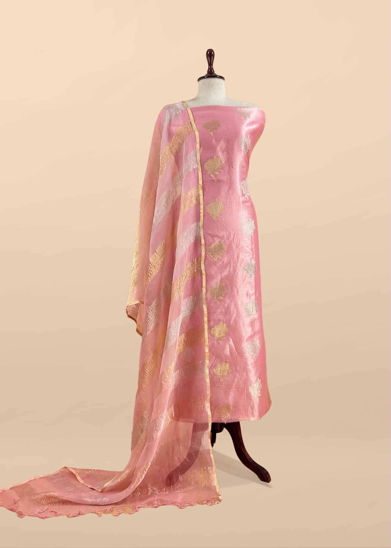 Peach Handloom Banarasi Unstitched Suit In Kora Tissue Silk