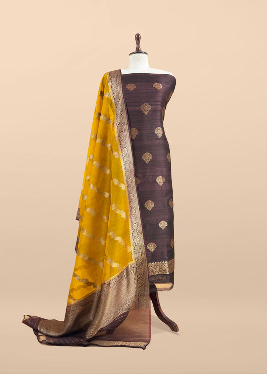 Brown And Yellow Handloom Raw Silk Suit With Kora Silk Dupatta