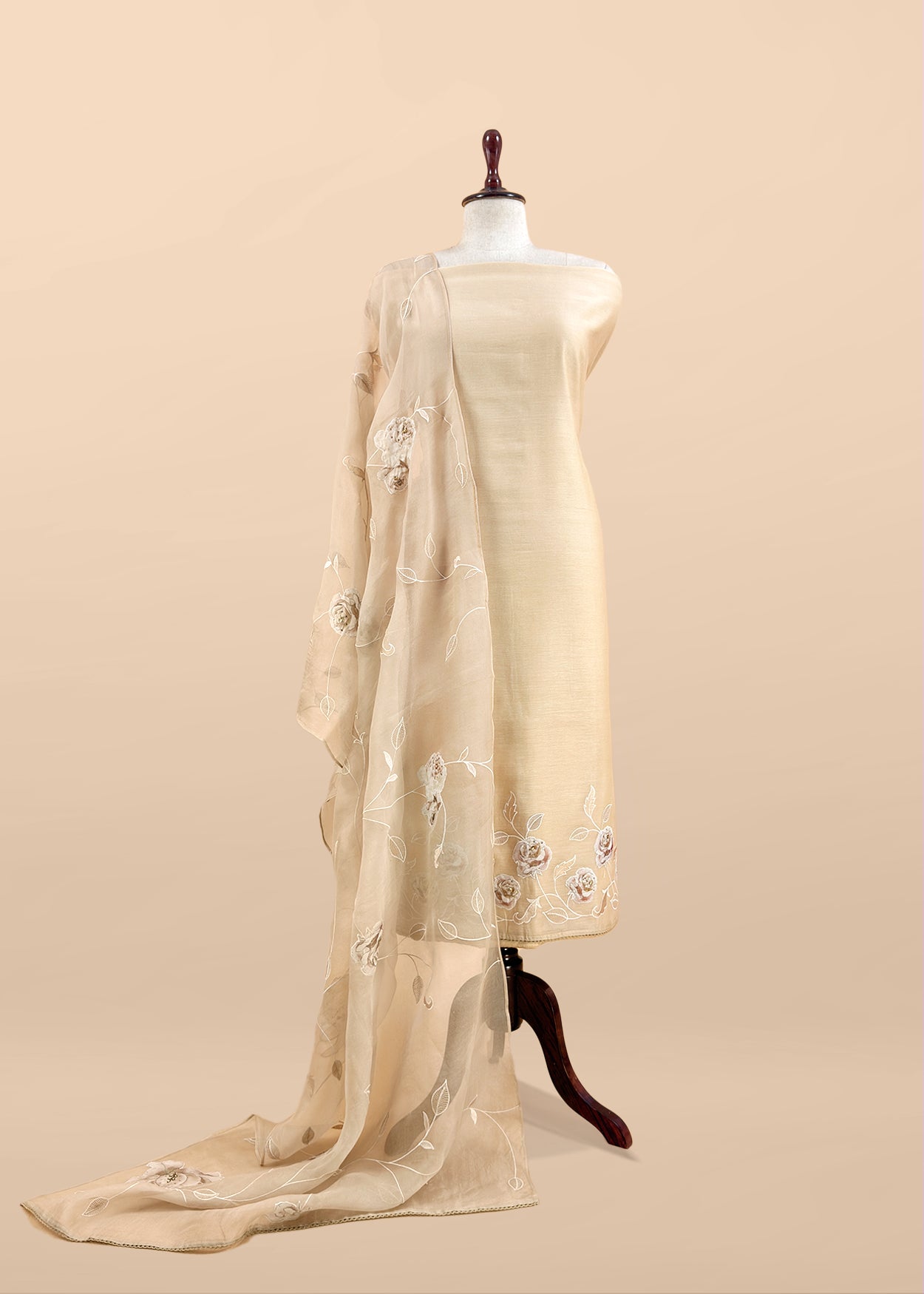 Beige Mulmul Suit With Beautiful Floral Appliqué Work