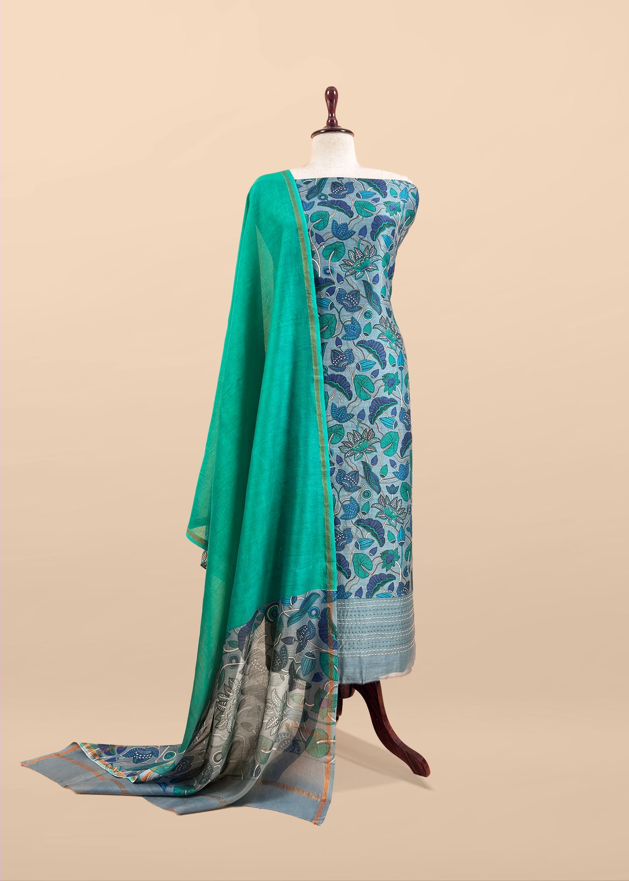 Grey Pure Maheshwari Silk Unstitched Suit With Dupatta