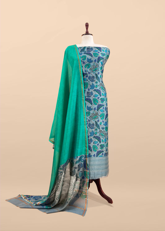 Grey Pure Maheshwari Silk Unstitched Suit With Dupatta