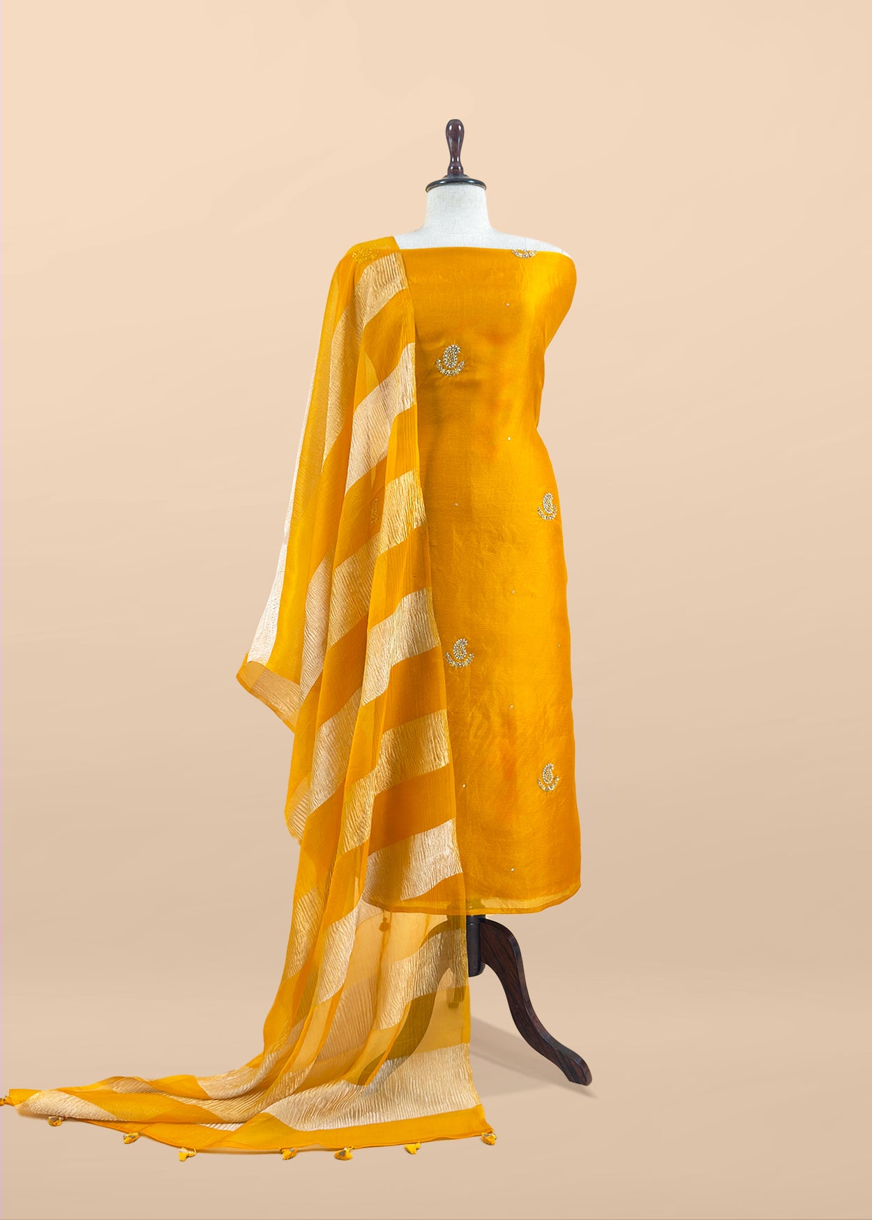 Mustard Pure Organza Kurta and Double Panel Pure Crushed Tissue Dupatta With Hand Work