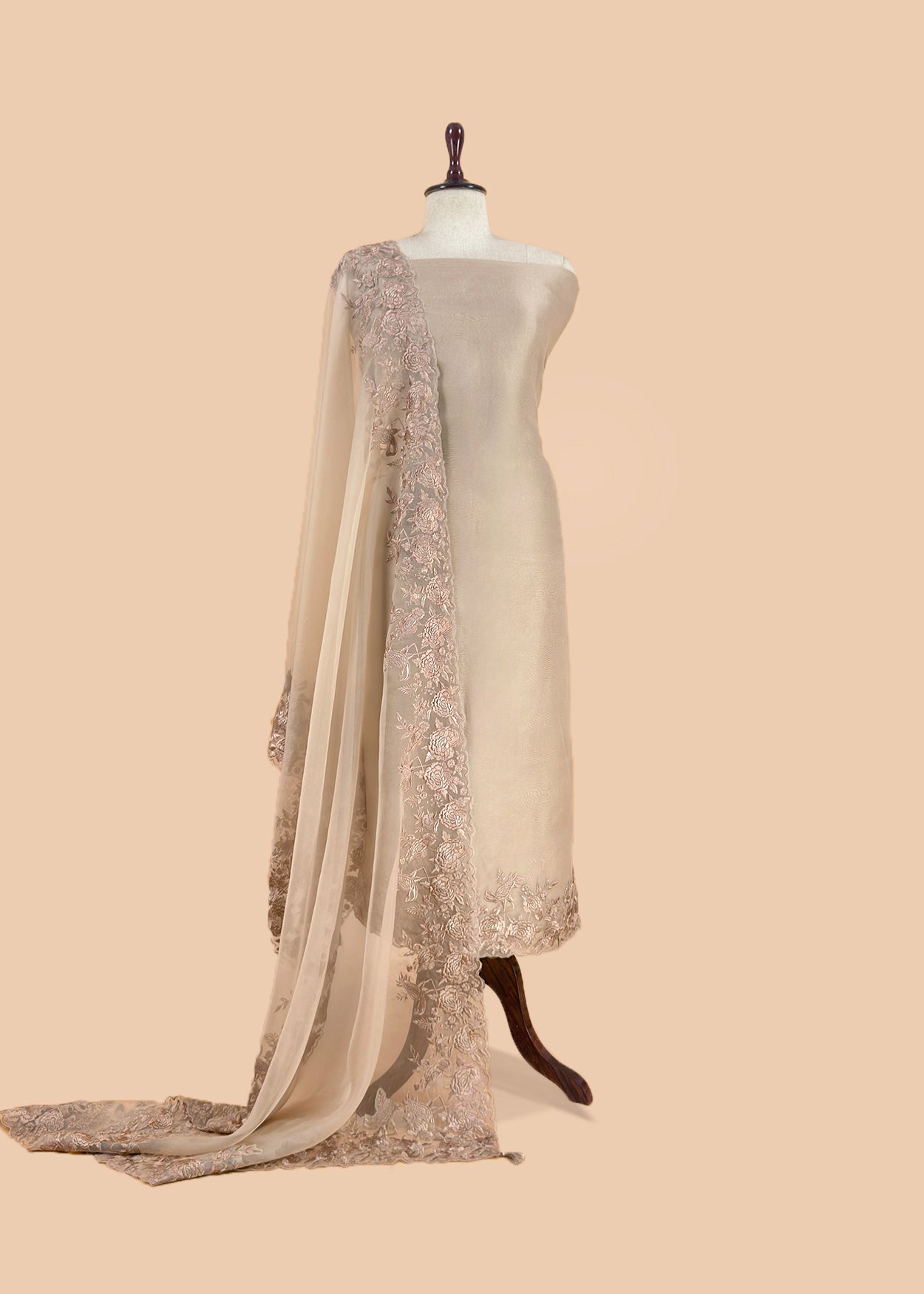 Beige Latte Handloom Kora Silk Unstitched Suit Fabric With Resham Parsi Embroidery