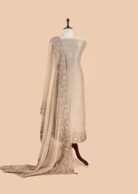 Beige Latte Handloom Kora Silk Unstitched Suit Fabric With Resham Parsi Embroidery