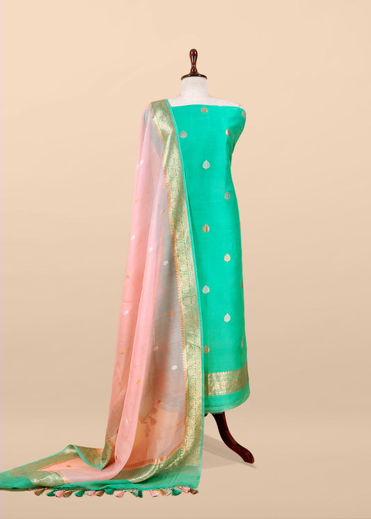 Turquoise Green Handloom Kadwa Weaves Kora Silk Kurta And Contrast Dupatta