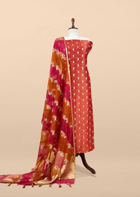 Luxe Chocolate Red Handloom Crushed Tissue Silk kurta and Rangkat Kora Silk Dupatta