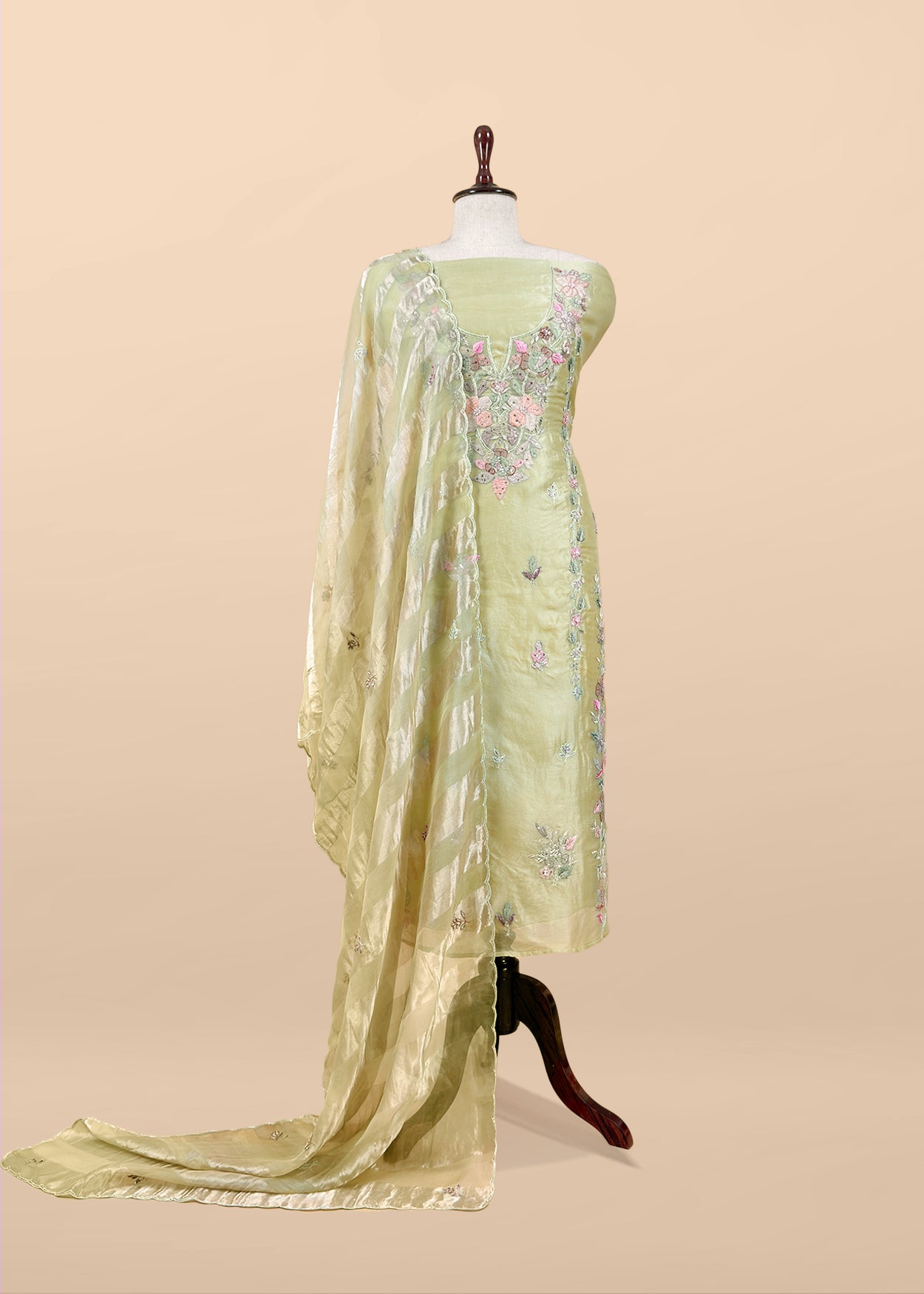 Pista Green Pure Kora Silk Suit With Dori Embroidery