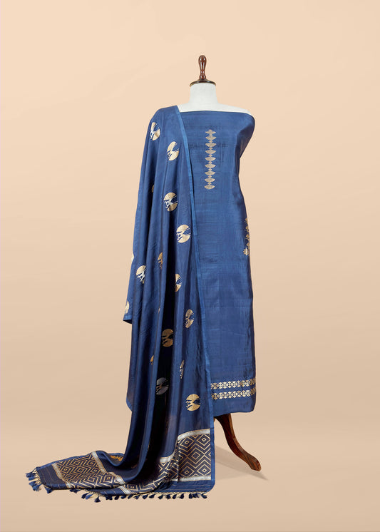 Midnight Blue Handloom Silk Unstitched Suit Fabric With Kadwa Weaving