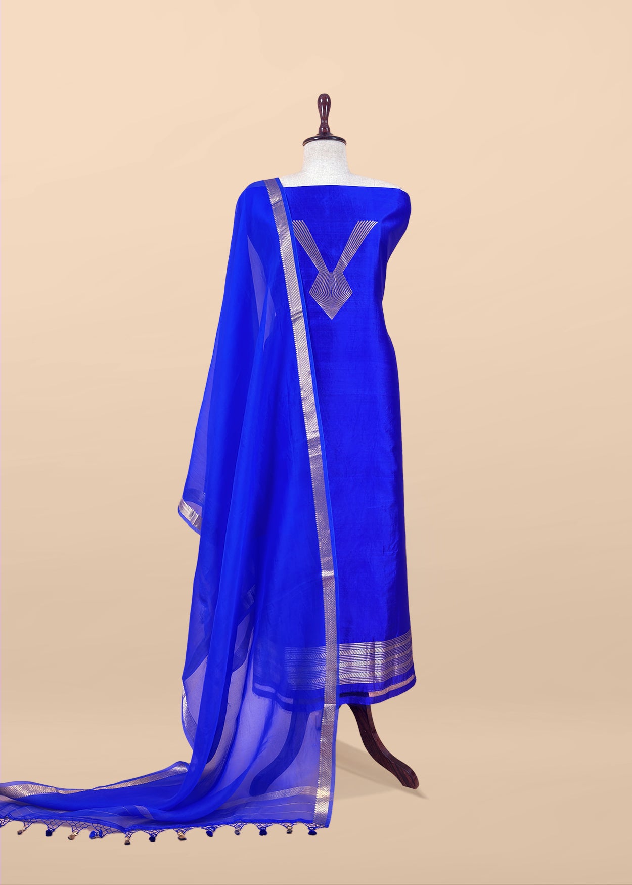 Designer Sapphire Blue Handloom Silk Suit With Zari Weaving