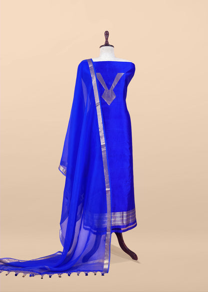Designer Sapphire Blue Handloom Silk Suit With Zari Weaving