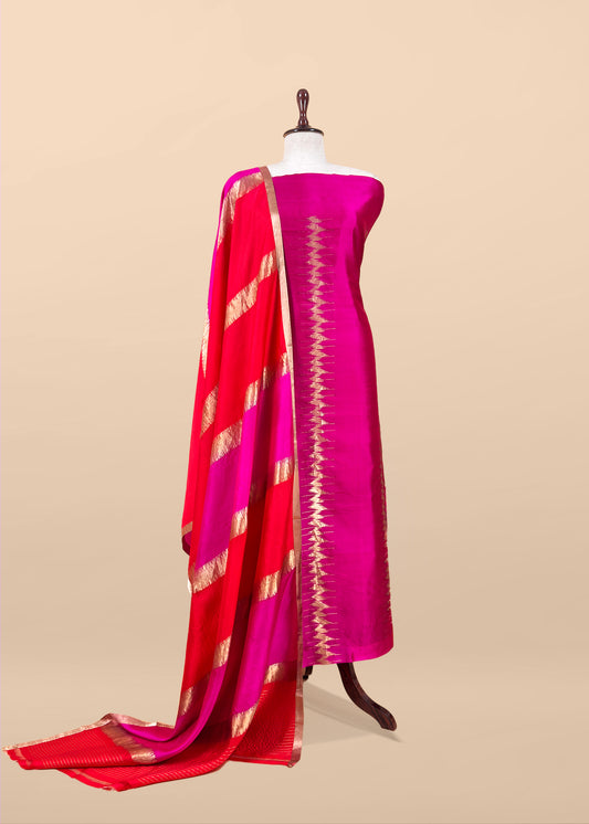 30Kalasheel Luxe Deep Pink Chiniya Silk With Gold Ikkat Weave