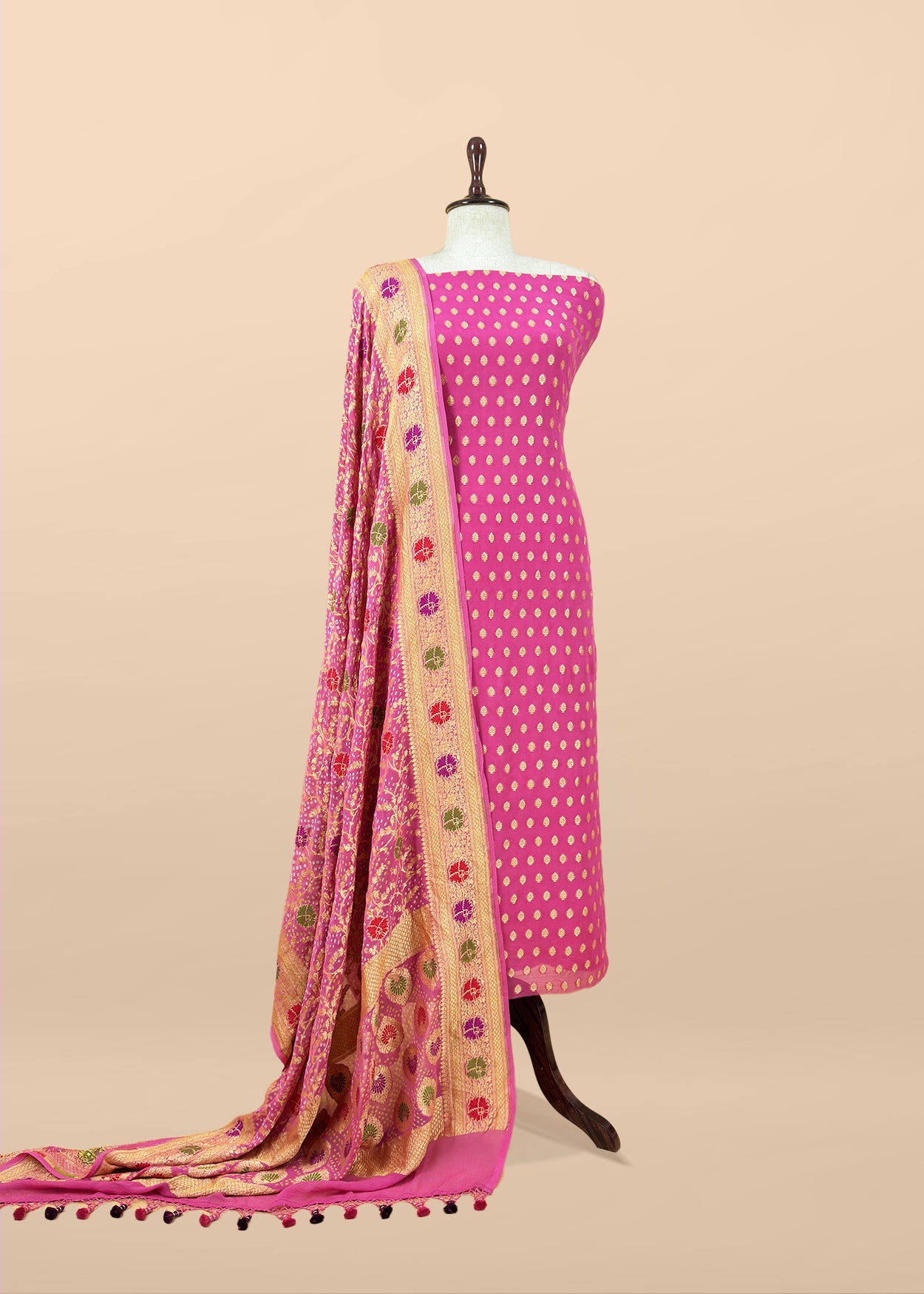 Luxe Taffy Pink Khaddi Georgette Suit Fabric With Mughal Meenakari Weaving