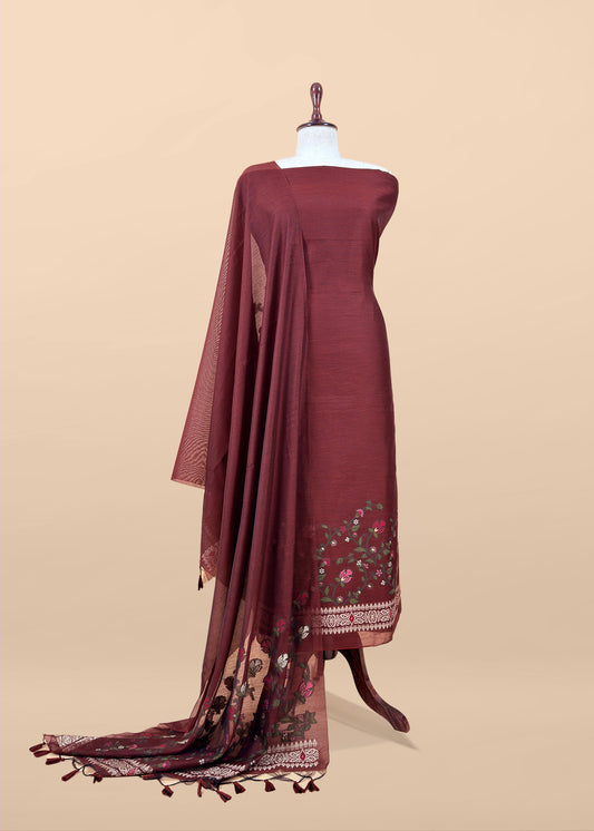Maroon Chanderi linen Suit With Jamdani Weaving