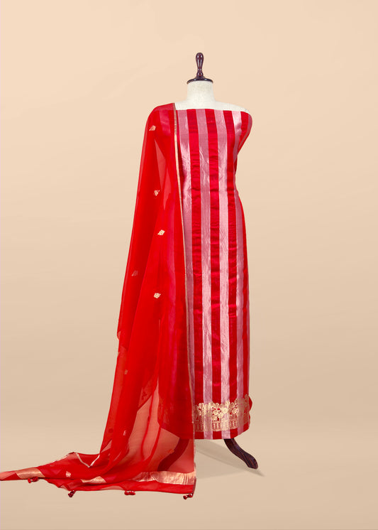 Red Gold Zari Woven Handloom Silk Suit Fabric