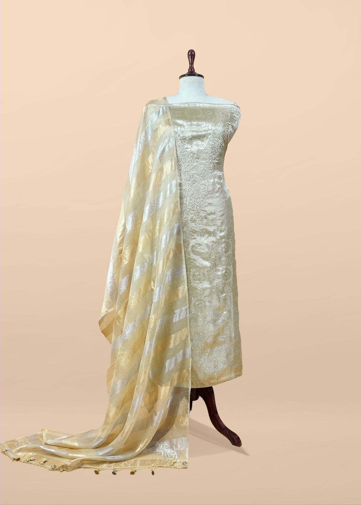Beige yellow Handloom Brocade Tissue Silk Suit With Dabka, Dori, Zardosi Handwork