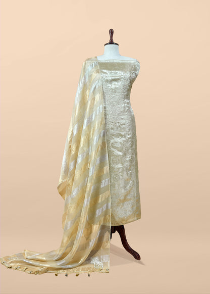 Beige yellow Handloom Brocade Tissue Silk Suit With Dabka, Dori, Zardosi Handwork