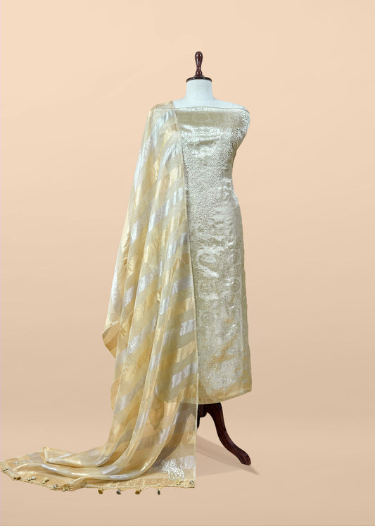 Beige yellow Handloom Brocade Tissue Silk Suit With Dabka, Dori, Zardosi Handwork