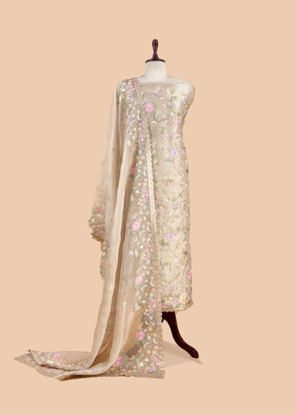 Beige Parsi Thread Embroidery Pure Organza Unstitched Suit With Dupatta