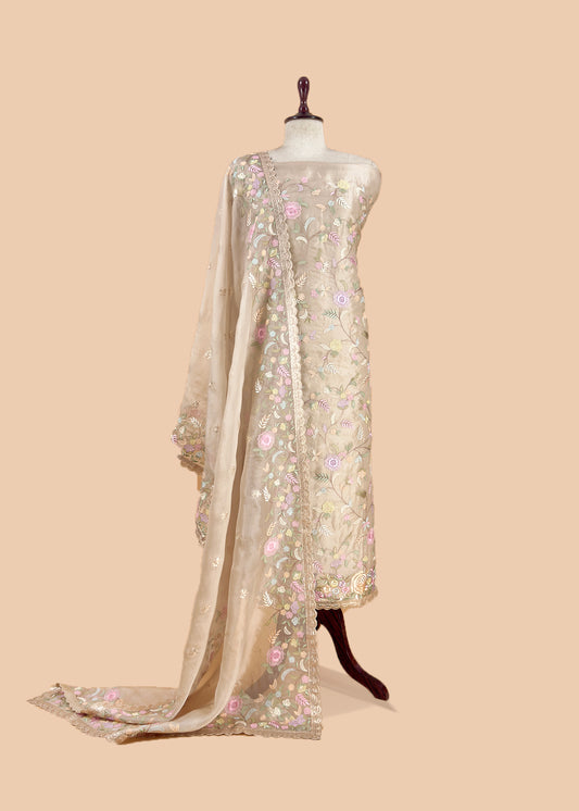 Beige Parsi Thread Embroidery Pure Organza Unstitched Suit With Dupatta