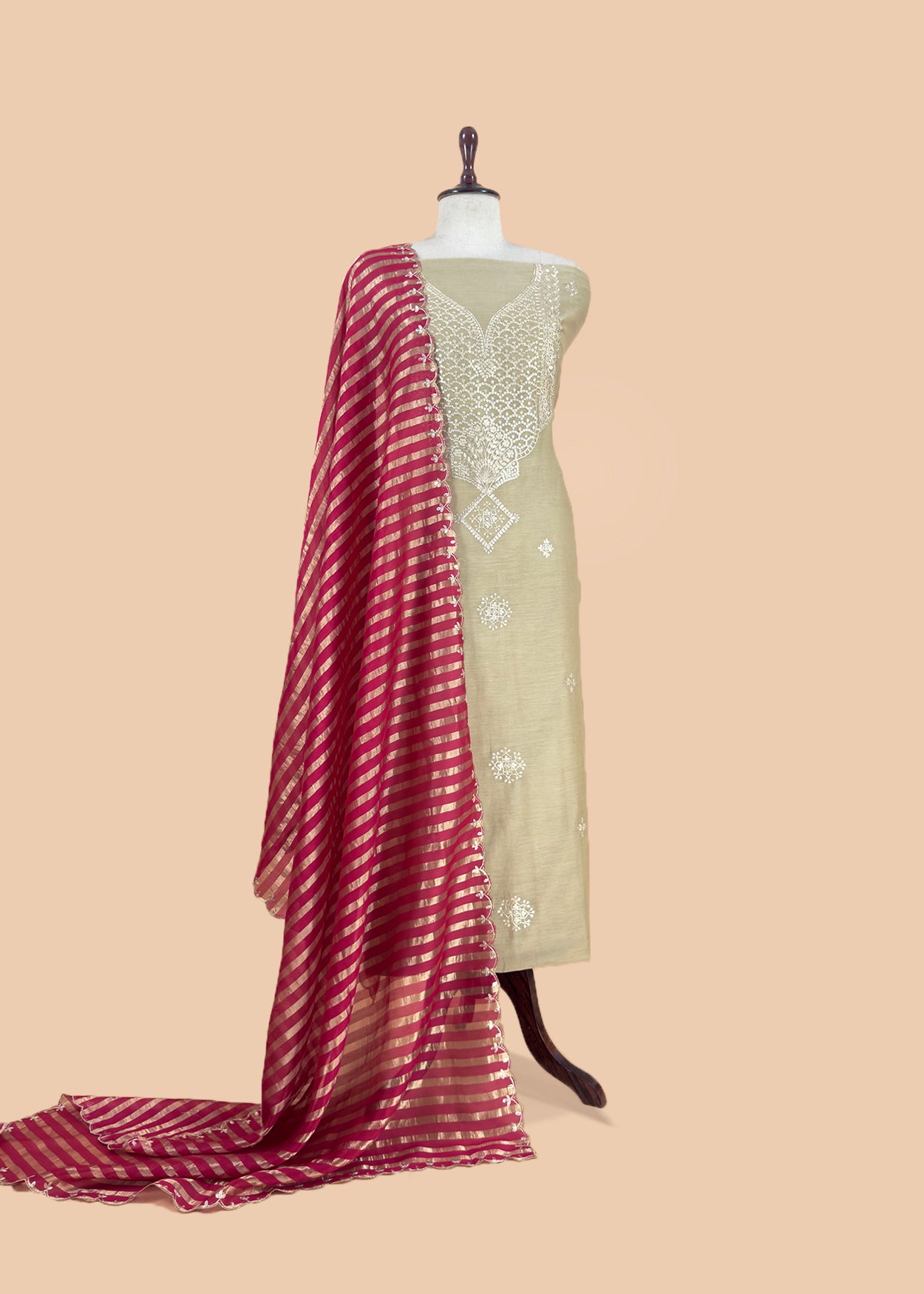 Beige Handloom Mulmul Suit With Tissue Panel Dupatta