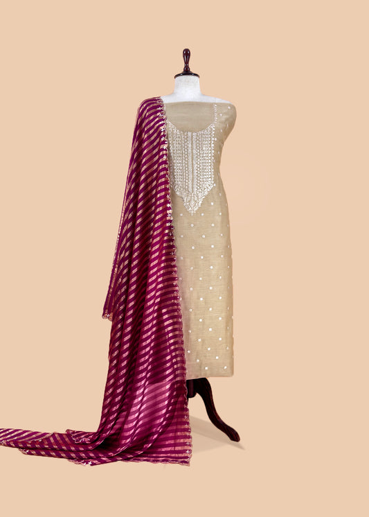 Beige Handloom Mulmul Suit With Tissue Panel Dupatta