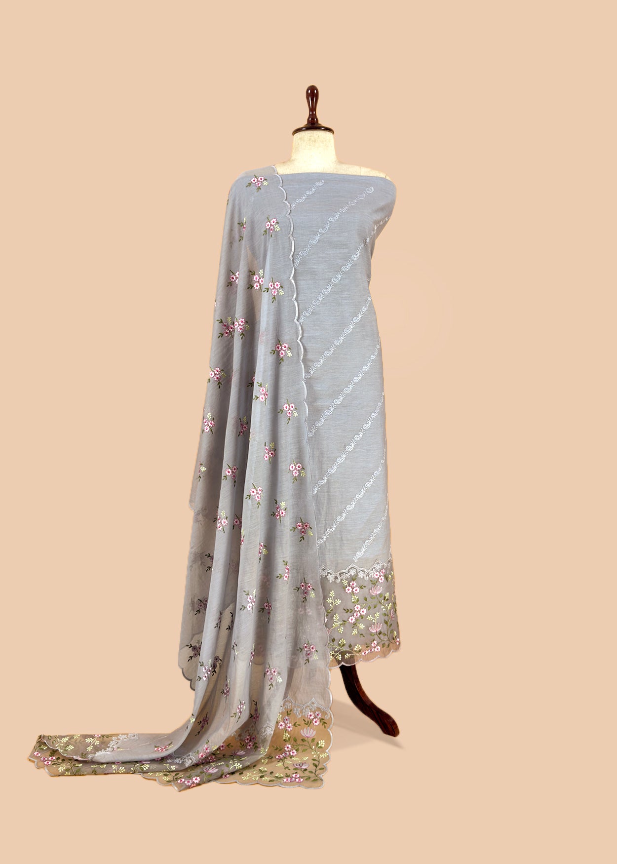 Grey Pure Mulmul Suit Fabric With Floral Resham Embroidery
