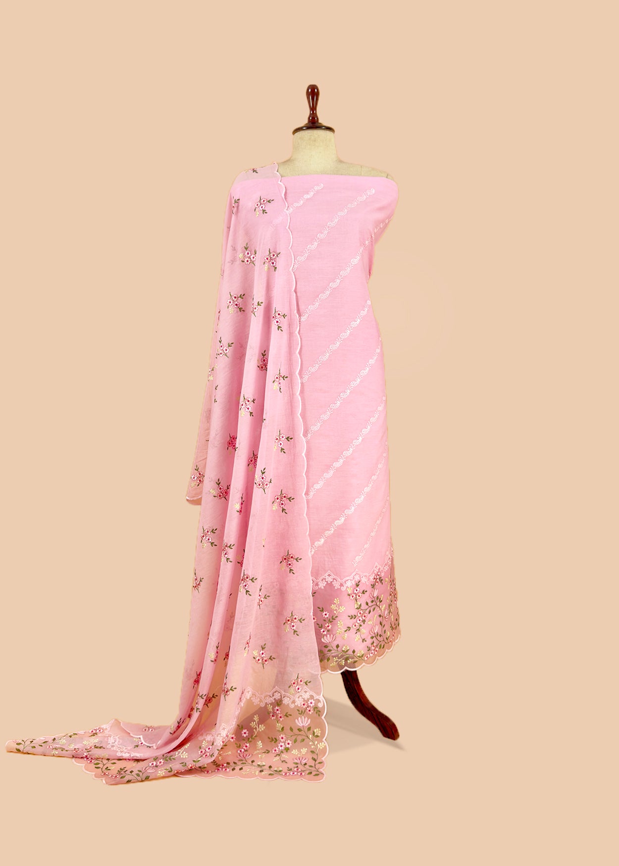 Baby Pink Pure Mulmul Suit Fabric With Floral Resham Embroidery