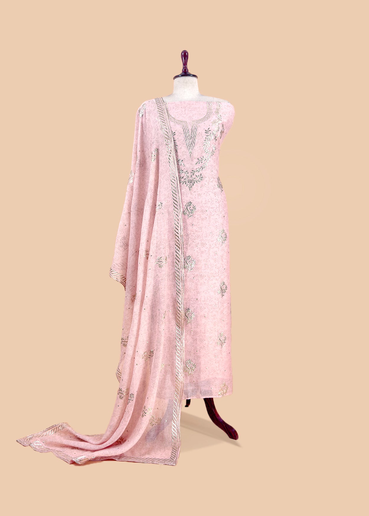Baby Pink Handloom Hand-block Print Mul Chanderi Suit with Gold Pitta Hand Work