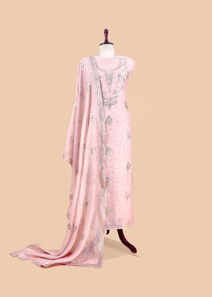 Baby Pink Handloom Hand-block Print Mul Chanderi Suit with Gold Pitta Hand Work