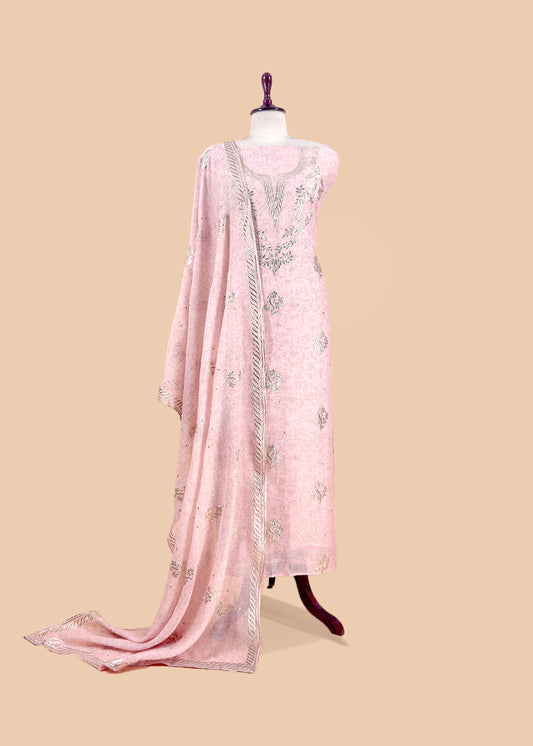 Baby Pink Handloom Hand-block Print Mul Chanderi Suit with Gold Pitta Hand Work