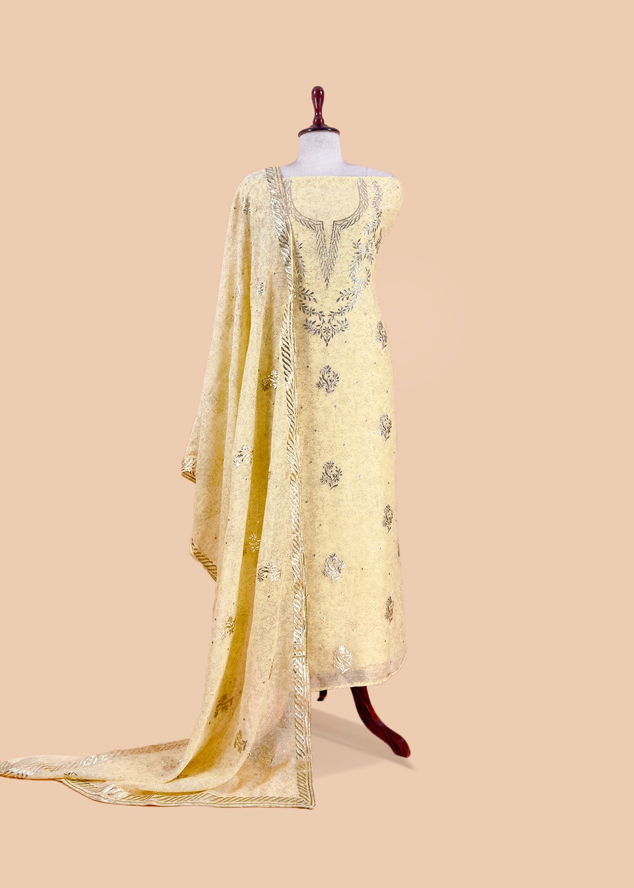 Buttar Yellow Handloom Hand-Block Print Mul Chanderi Suit With Gold Pitta Hand Work
