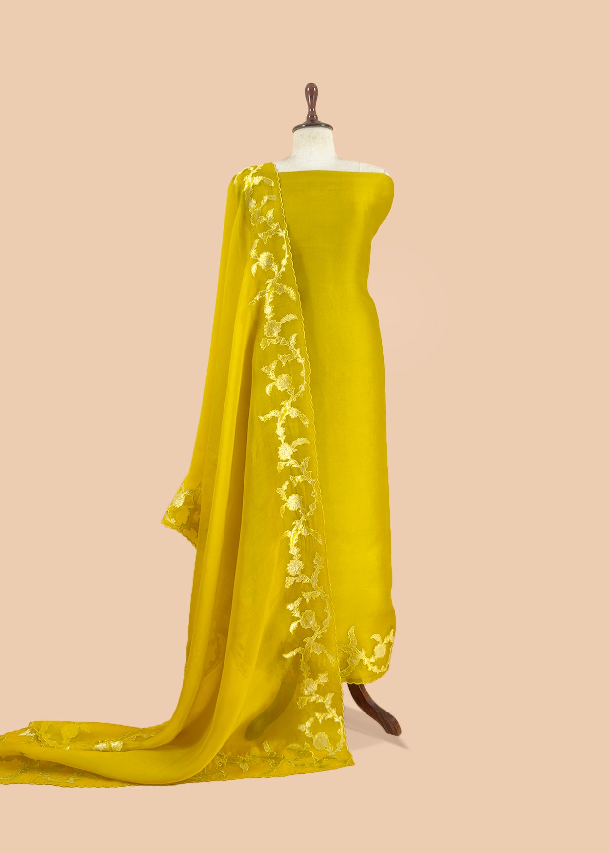 Pea Soup Pure Kora Silk Suit With Dupatta In Applique Work
