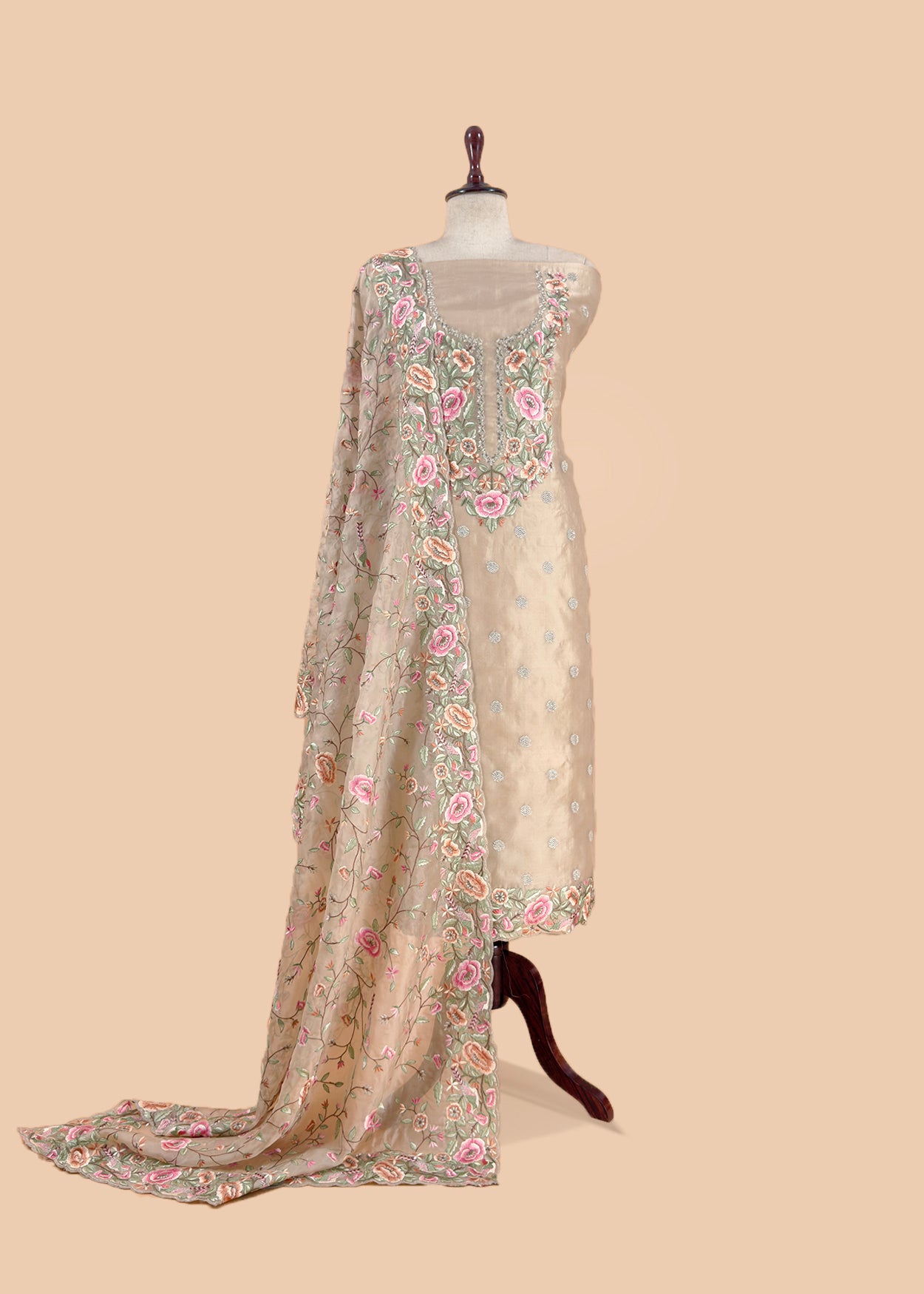 Beige Parsi Thread Embroidery Pure Organza Unstitched Suit With Dupatta