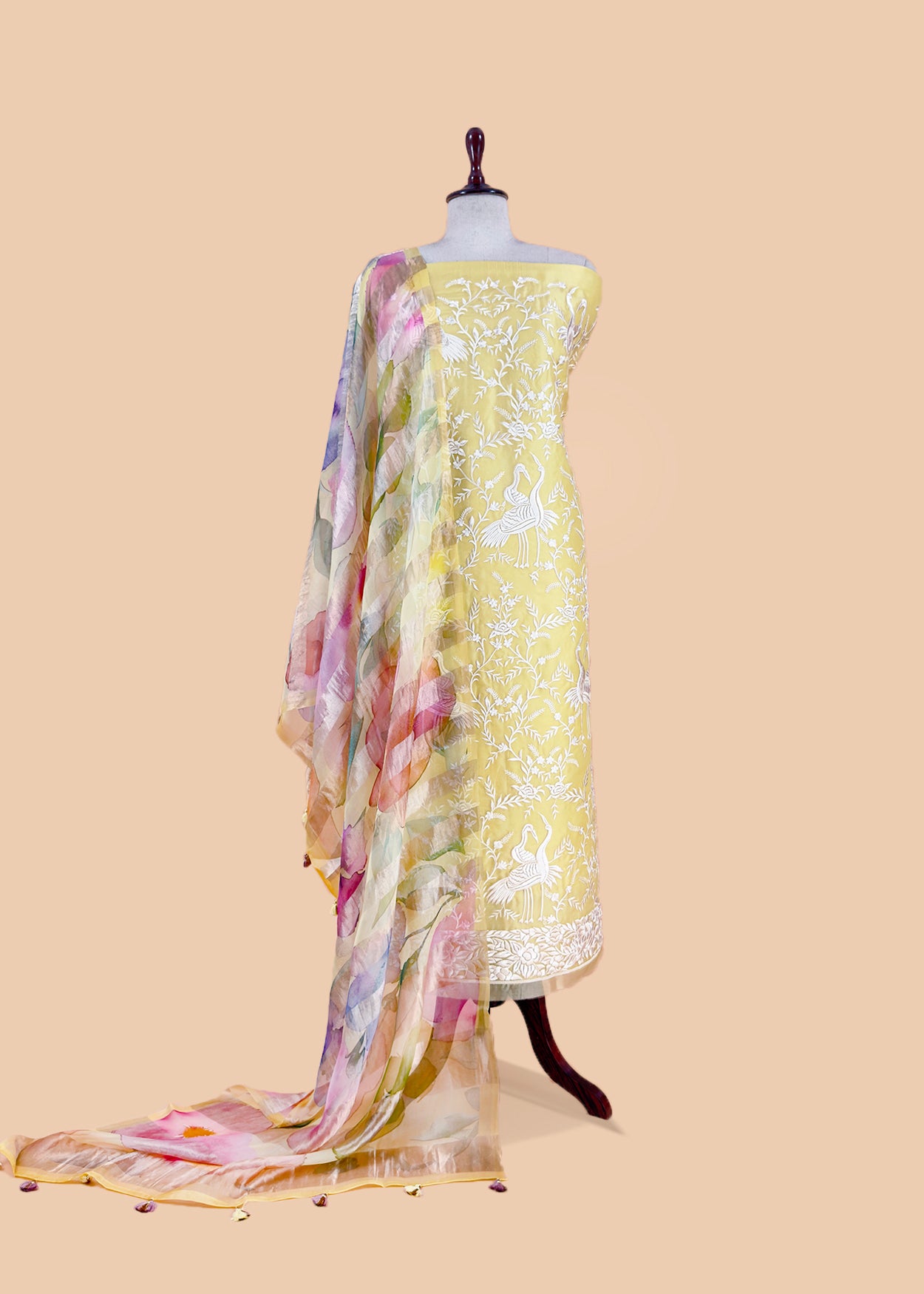 Lemon Yellow Pure Kora Silk Suit With Flamingo Embroidery