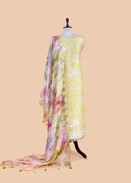 Lemon Yellow Pure Kora Silk Suit With Flamingo Embroidery