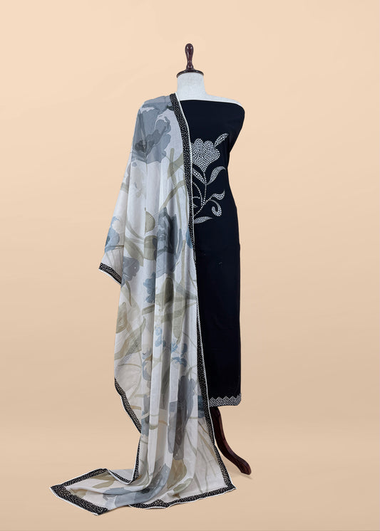 Black Pure Cotton Suit With Bandhani Floral Applique Work