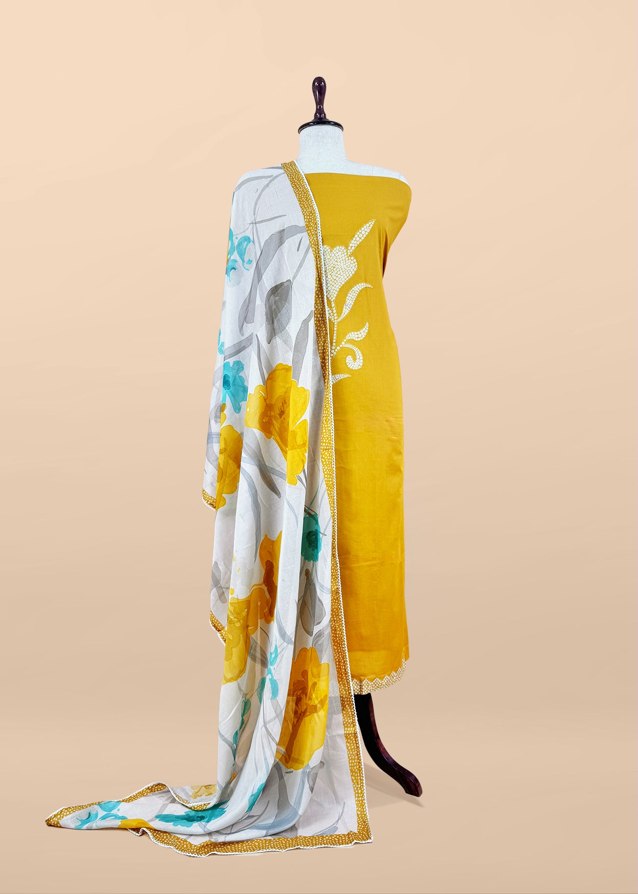 Yellow Pure Cotton Suit With Bandhani Floral Applique Work